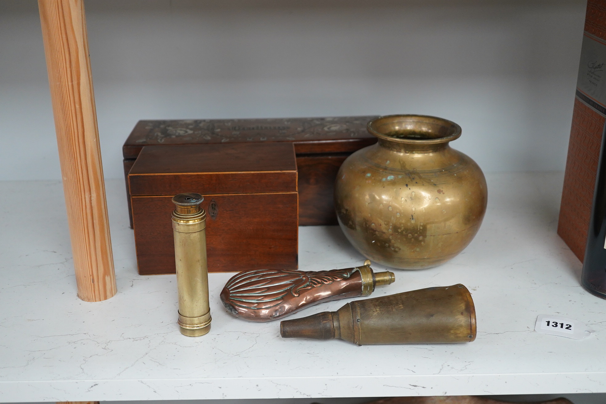 A 19th century inlaid rosewood 'Grabuge' box, a tea caddy, two shot flasks, telescope and brass bowl, largest 34cm wide. Condition - mostly fair